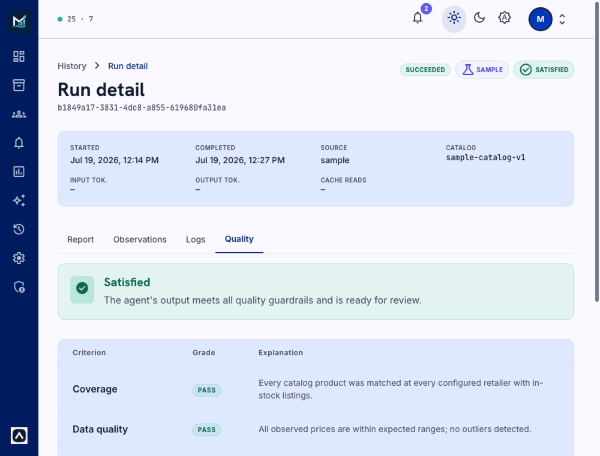 Run detail Quality tab showing a Satisfied verdict and per-criterion rubric grades
